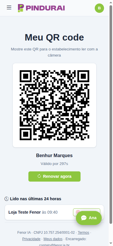 Tela Meu QR code, que o cliente mostra para a loja ler
